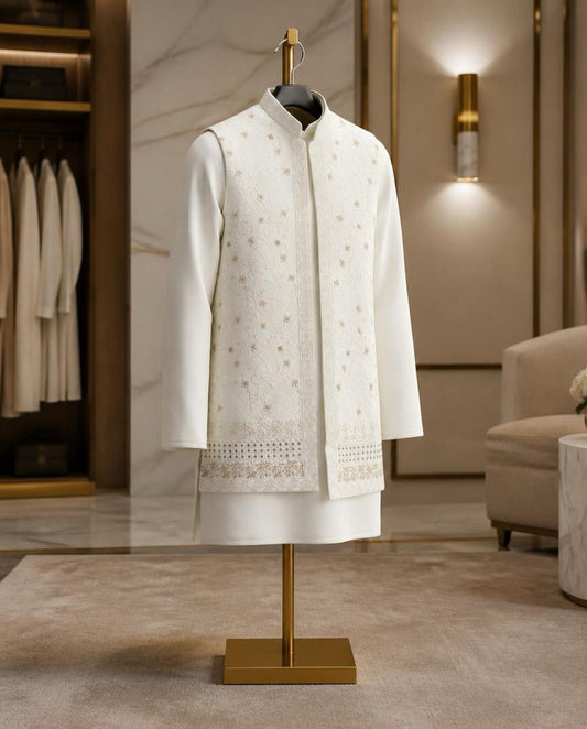 Men's Kurta Set with Shrug – Cotton & Jacquard - Off-White