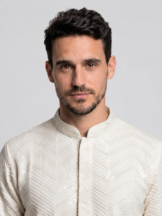 Men's Premium Chikankari Sequin Kurta Set - Off-White