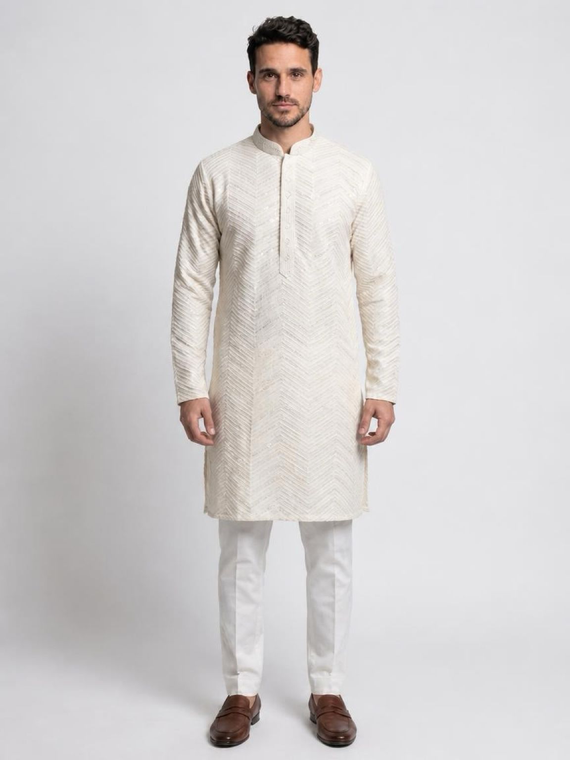 Men's Premium Chikankari Sequin Kurta Set - Off-White