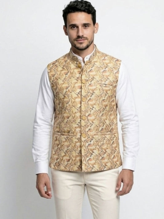 Men's Cotton Koti Jacket - Beige Abstract