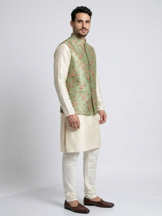 Men's Cotton Koti Jacket - Sage Green Floral