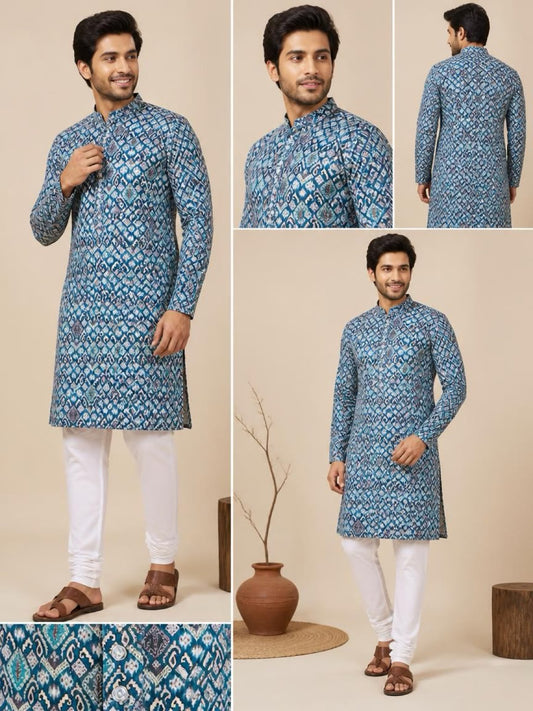Men's Digital Print Cotton Kurta Set - Blue