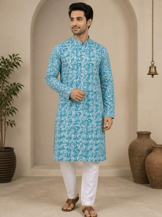 Men's Digital Print Cotton Kurta Set - Turquoise