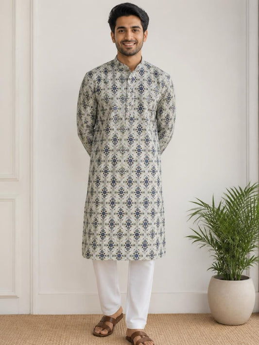 Men's Digital Print Cotton Kurta Set - White