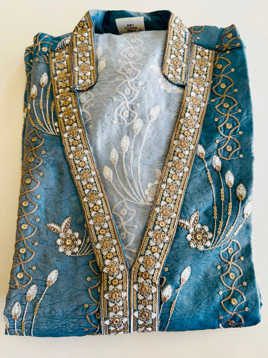 Men's Embroidered Indo-Western Kurta Set - Blue
