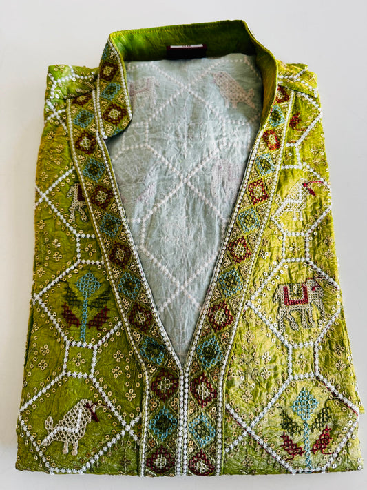 Men's Embroidered Indo-Western Kurta Set - Green