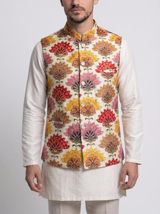 Men's Sequins Koti Jacket - Cream