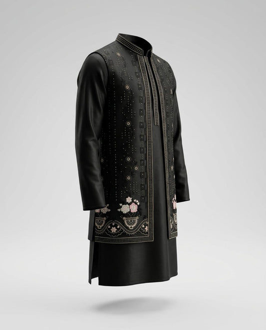 Men's Kurta Set with Shrug – Cotton & Jacquard - Black