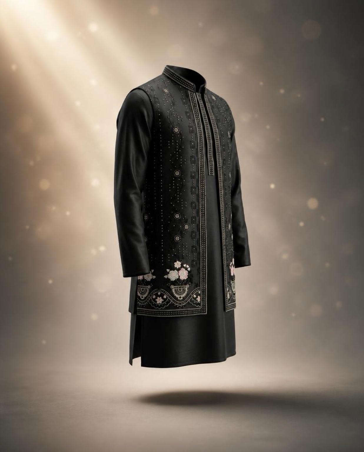 Men's Kurta Set with Shrug – Cotton & Jacquard - Black