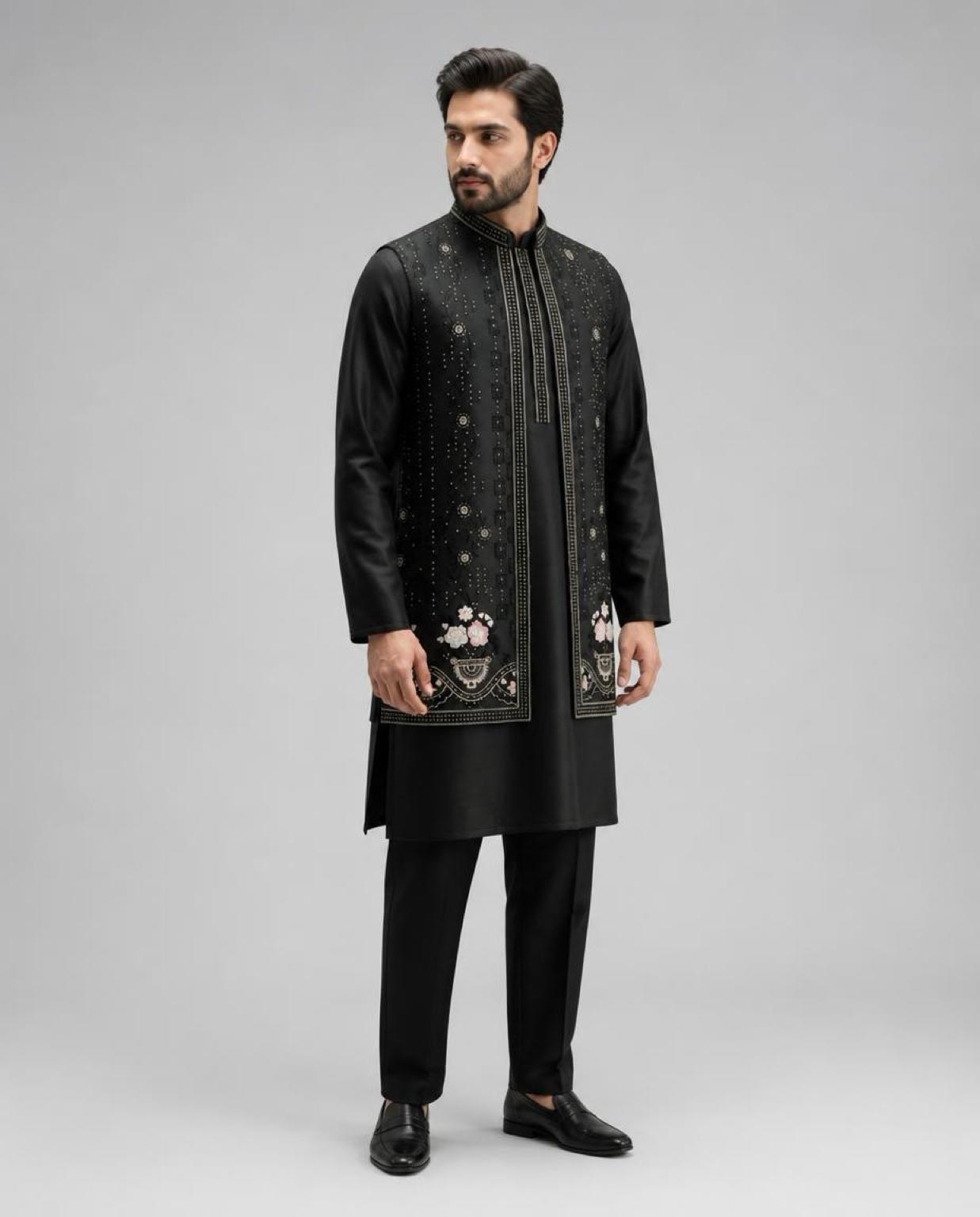 Men's Kurta Set with Shrug – Cotton & Jacquard - Black
