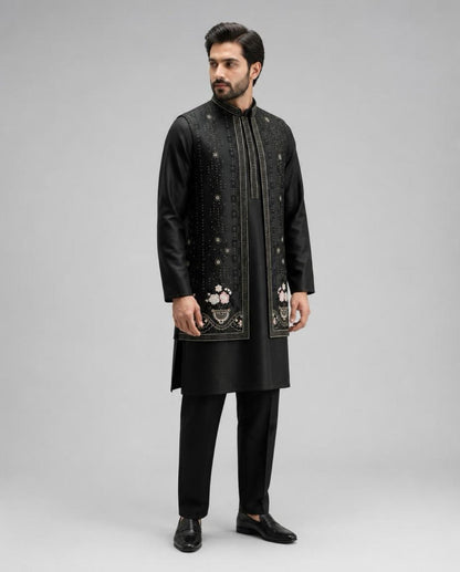 Men's Kurta Set with Shrug – Cotton & Jacquard - Black