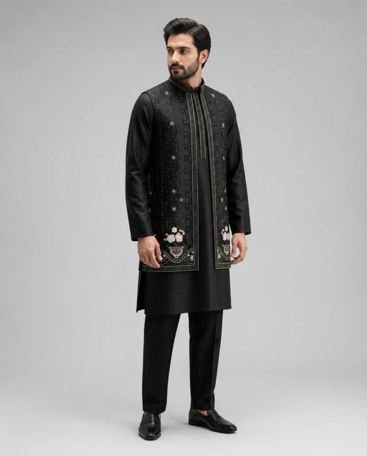 Men's Kurta Set with Shrug – Cotton & Jacquard - Black