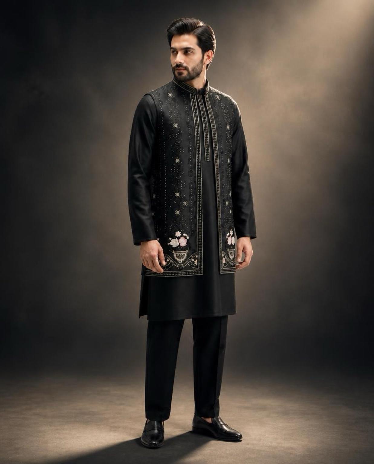 Men's Kurta Set with Shrug – Cotton & Jacquard - Black