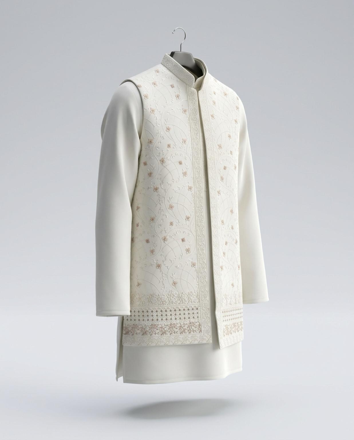 Men's Kurta Set with Shrug – Cotton & Jacquard - Off-White