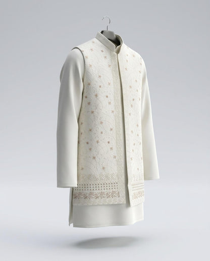 Men's Kurta Set with Shrug – Cotton & Jacquard - Off-White