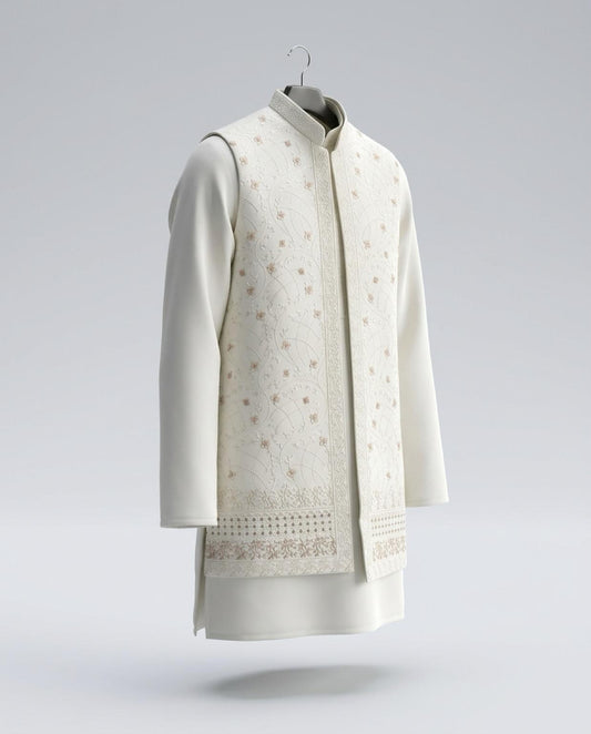 Men's Kurta Set with Shrug – Cotton & Jacquard - Off-White