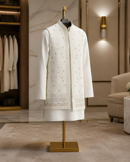 Men's Kurta Set with Shrug – Cotton & Jacquard - Off-White