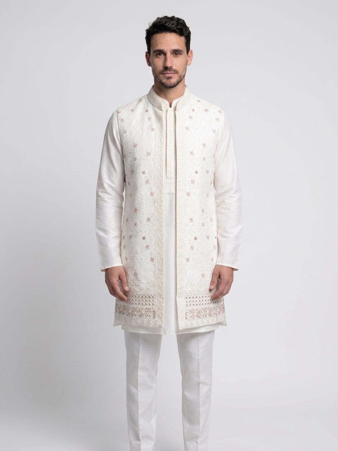 Men's Kurta Set with Shrug – Cotton & Jacquard - Off-White