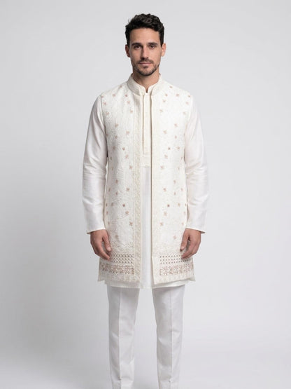 Men's Kurta Set with Shrug – Cotton & Jacquard - Off-White