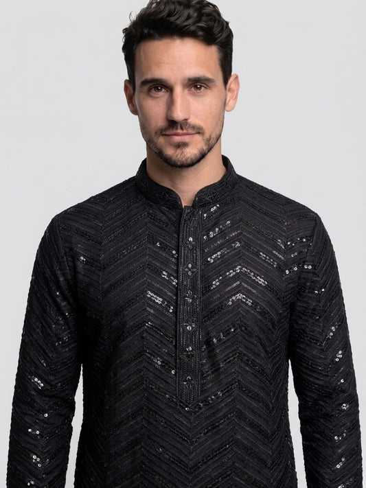 Men's Premium Chikankari Sequin Kurta Set - Black