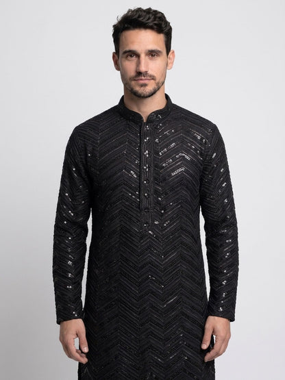 Men's Premium Chikankari Sequin Kurta Set - Black