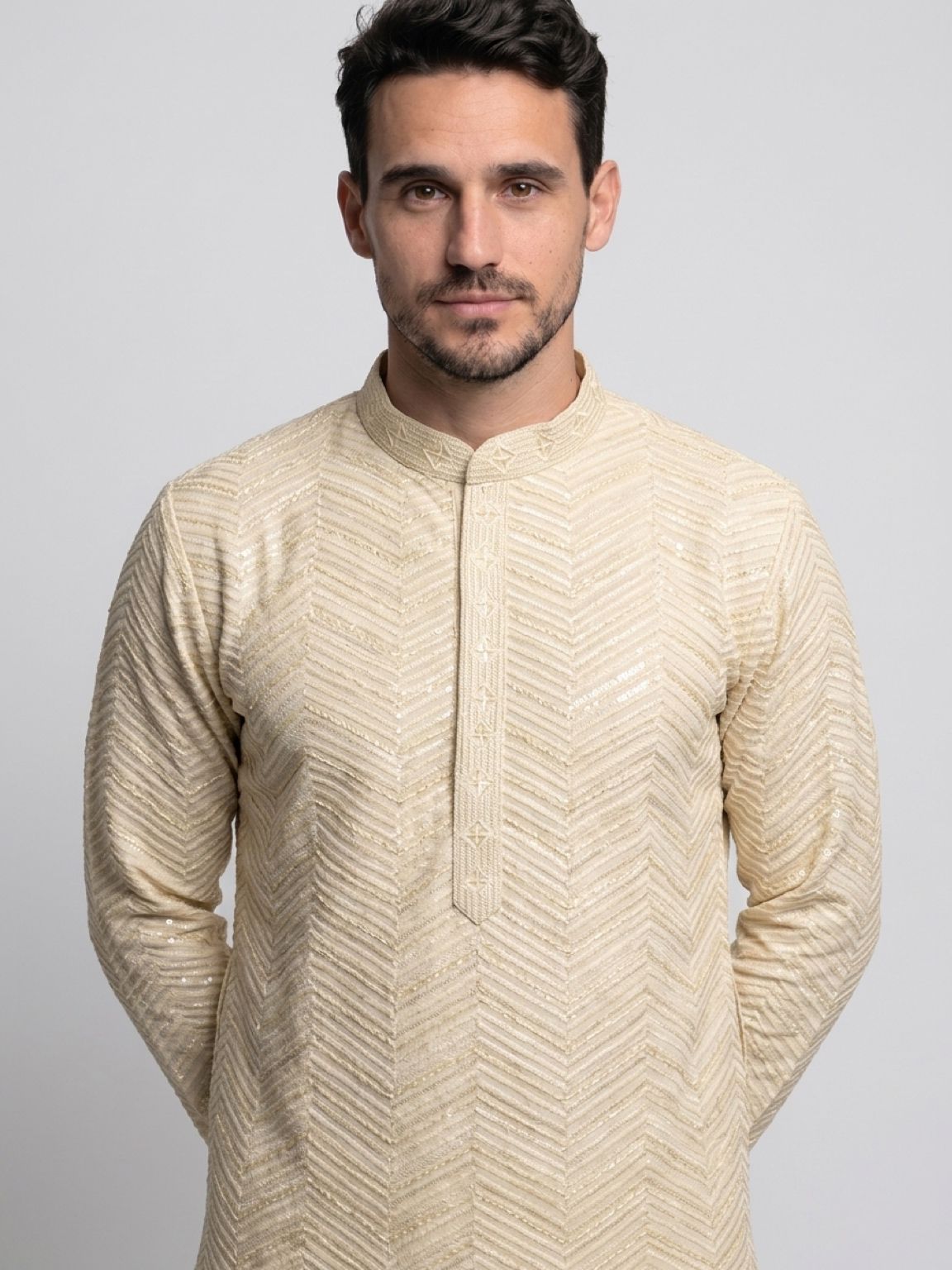 Men's Premium Chikankari Sequin Kurta Set - Cream