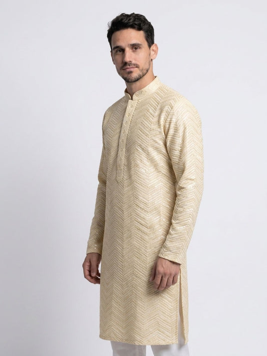 Men's Premium Chikankari Sequin Kurta Set - Cream