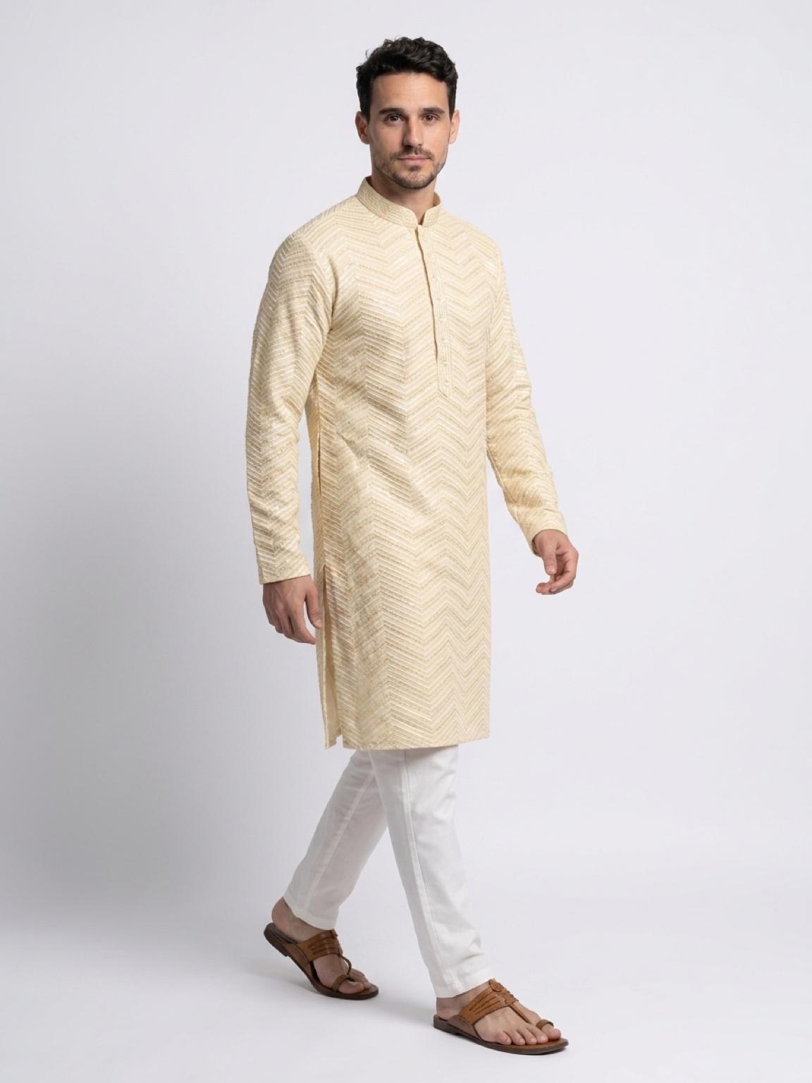 Men's Premium Chikankari Sequin Kurta Set - Cream