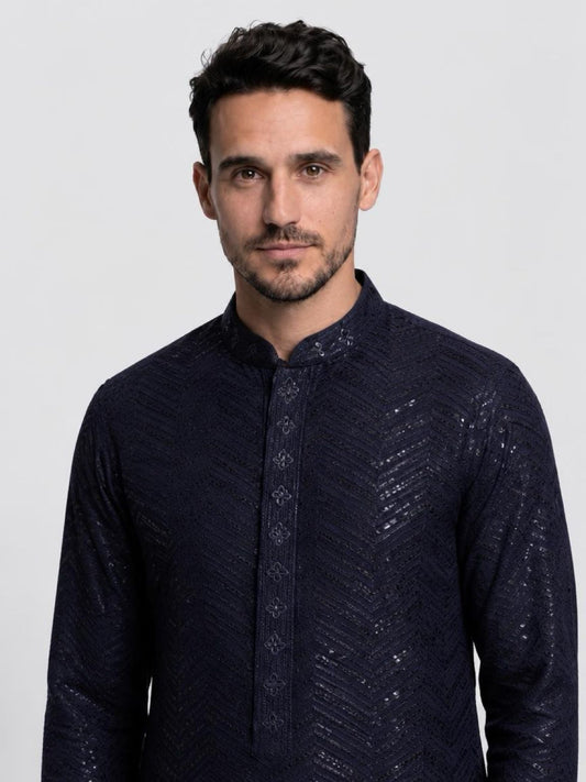 Men's Premium Chikankari Sequin Kurta Set - Navy Blue