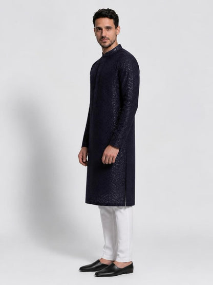 Men's Premium Chikankari Sequin Kurta Set - Navy Blue