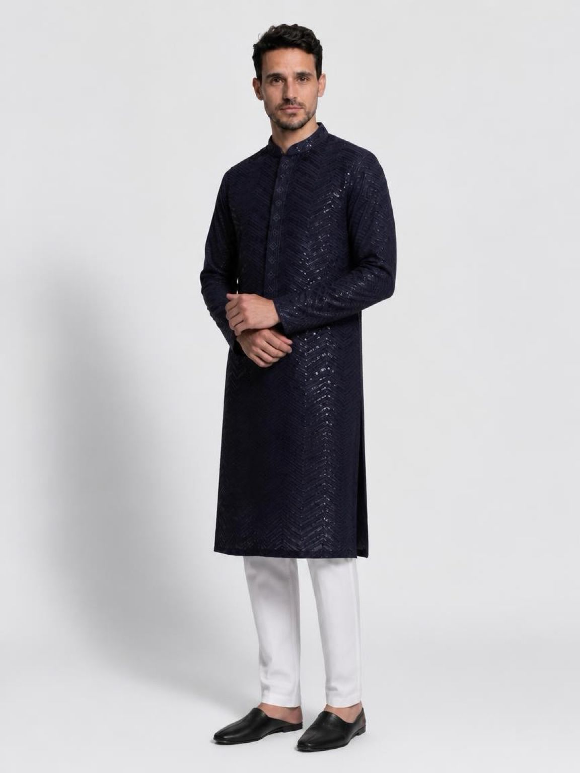 Men's Premium Chikankari Sequin Kurta Set - Navy Blue