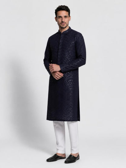 Men's Premium Chikankari Sequin Kurta Set - Navy Blue
