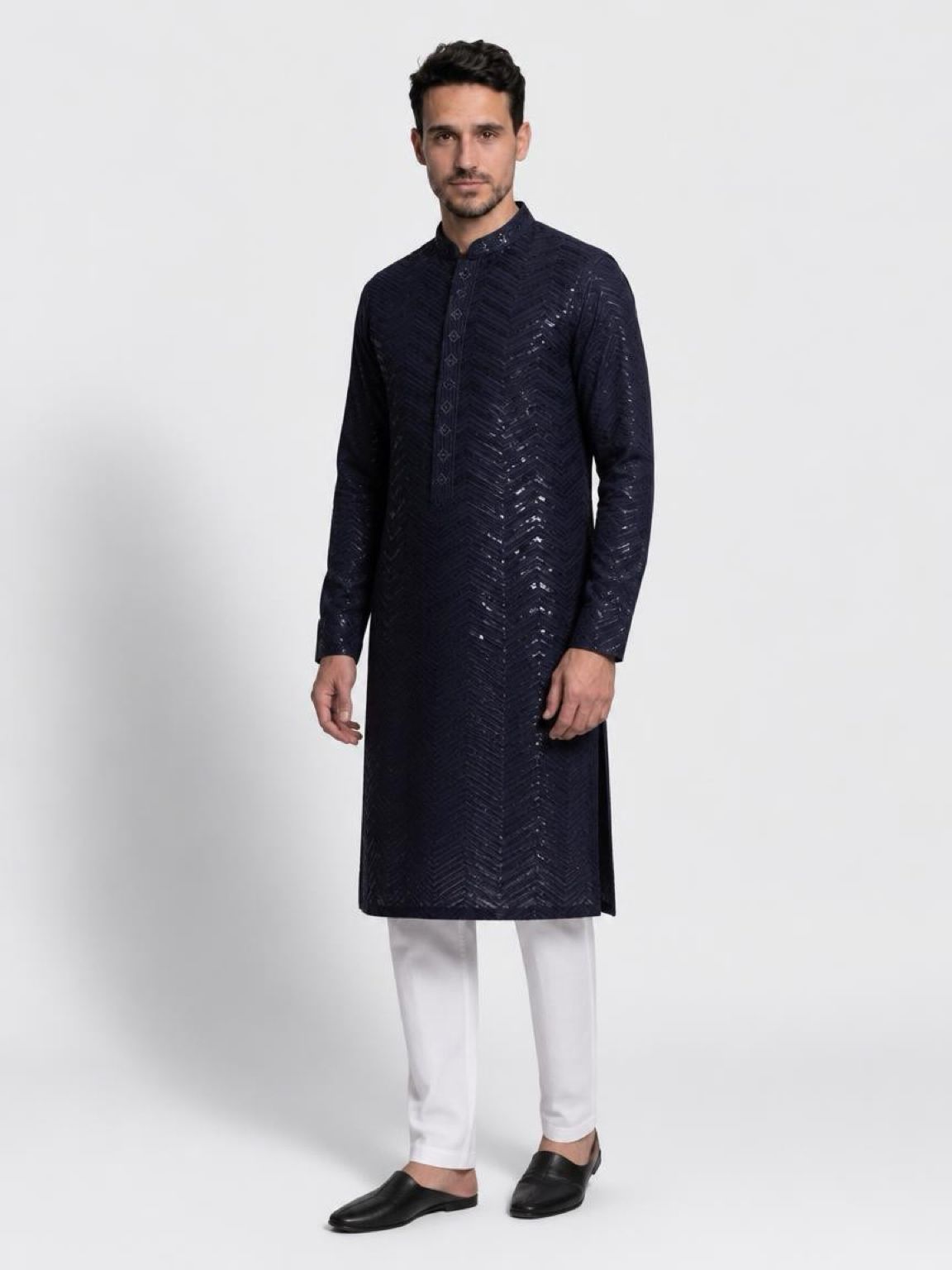 Men's Premium Chikankari Sequin Kurta Set - Navy Blue
