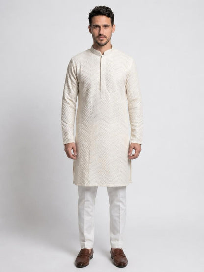 Men's Premium Chikankari Sequin Kurta Set - Off-White