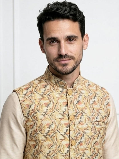 Men's Cotton Koti Jacket - Beige Abstract