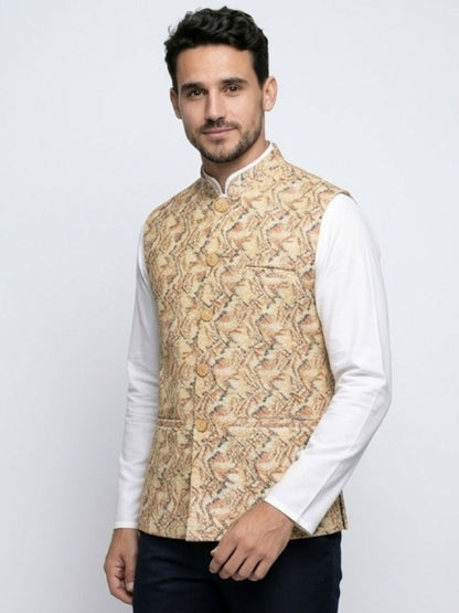 Men's Cotton Koti Jacket - Beige Abstract