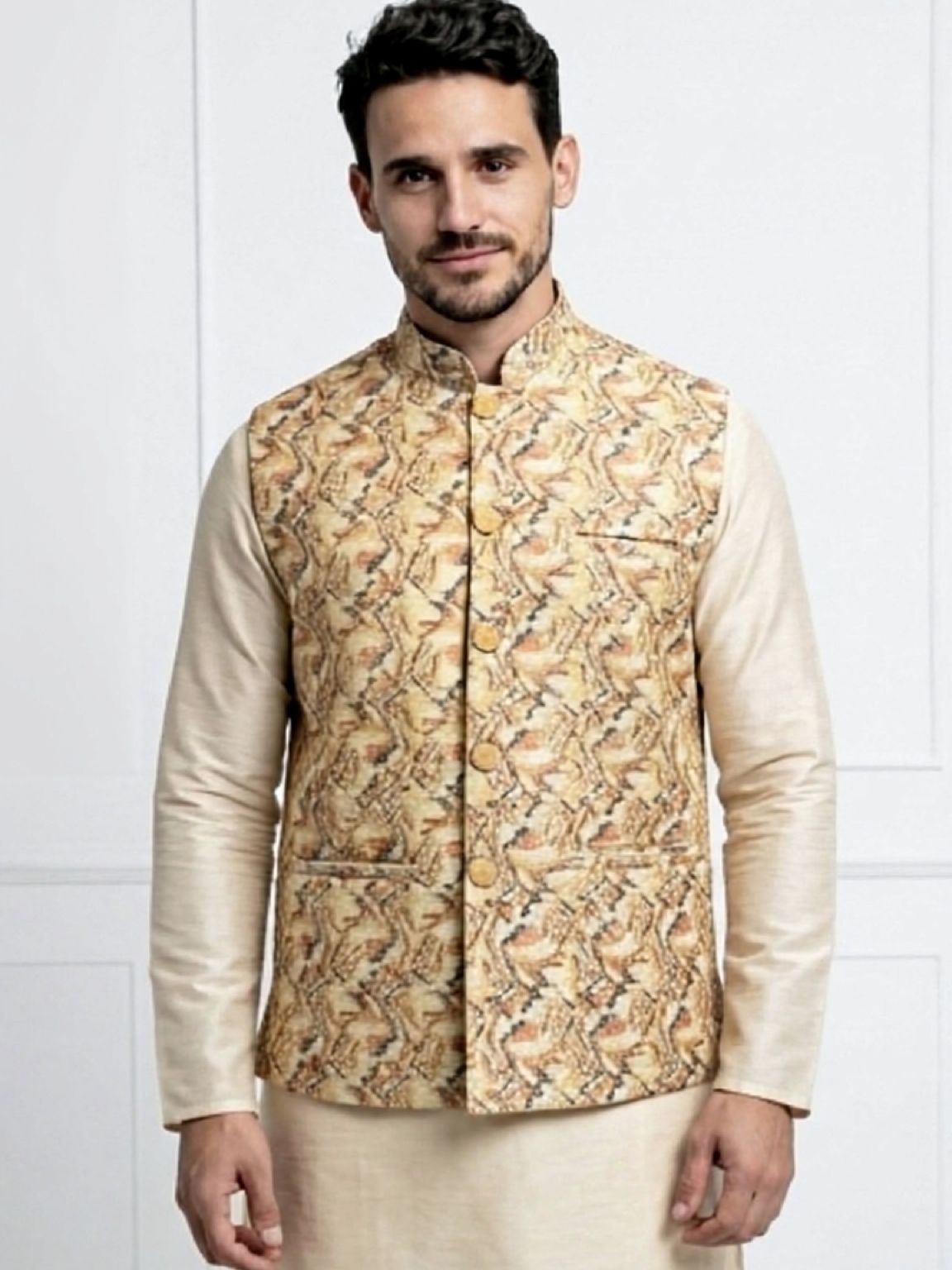 Men's Cotton Koti Jacket - Beige Abstract
