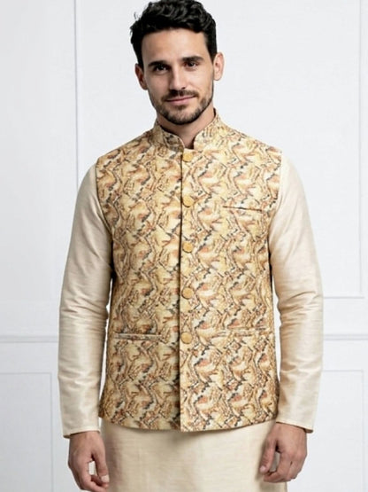 Men's Cotton Koti Jacket - Beige Abstract