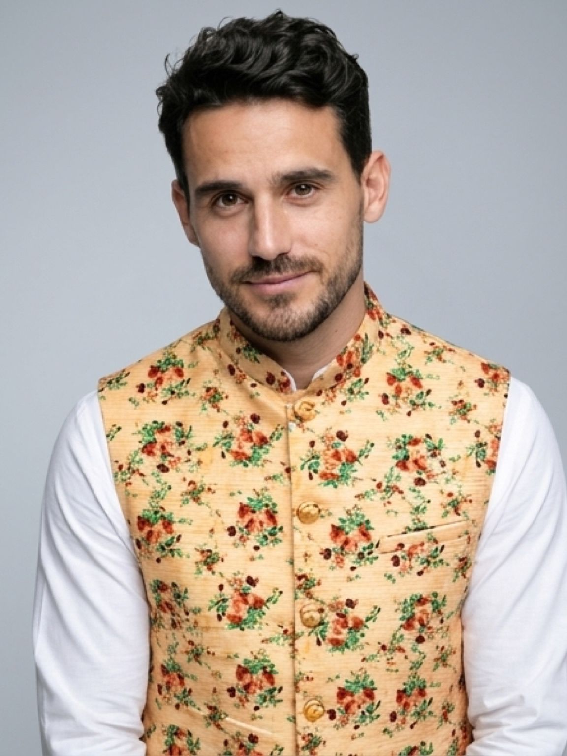 Men's Cotton Koti Jacket - Cream Floral