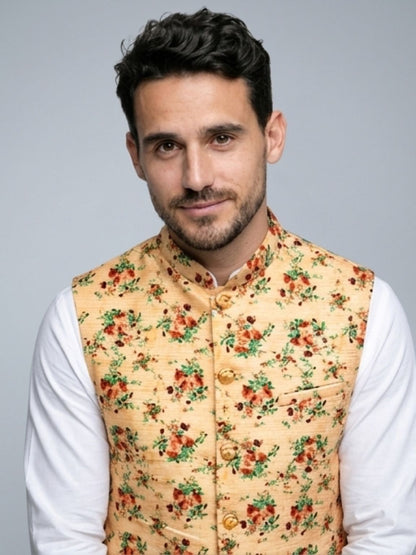 Men's Cotton Koti Jacket - Cream Floral
