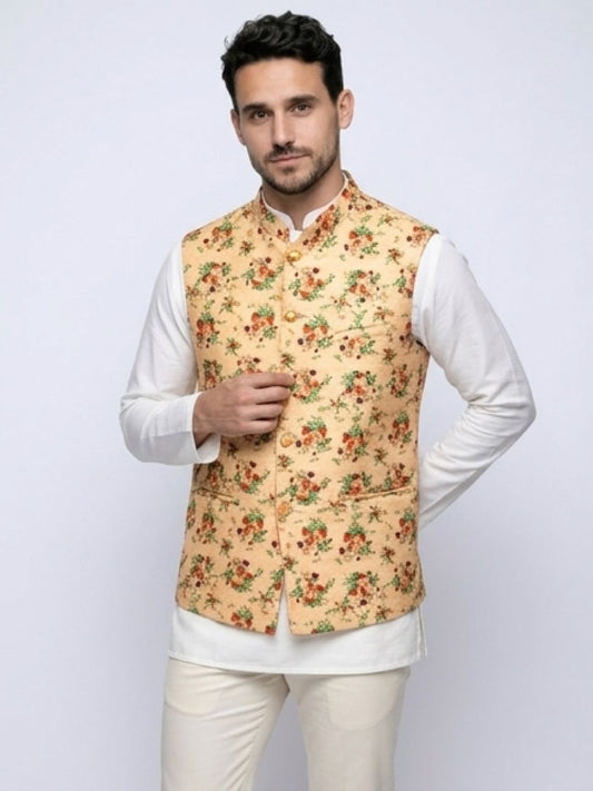 Men's Cotton Koti Jacket - Cream Floral