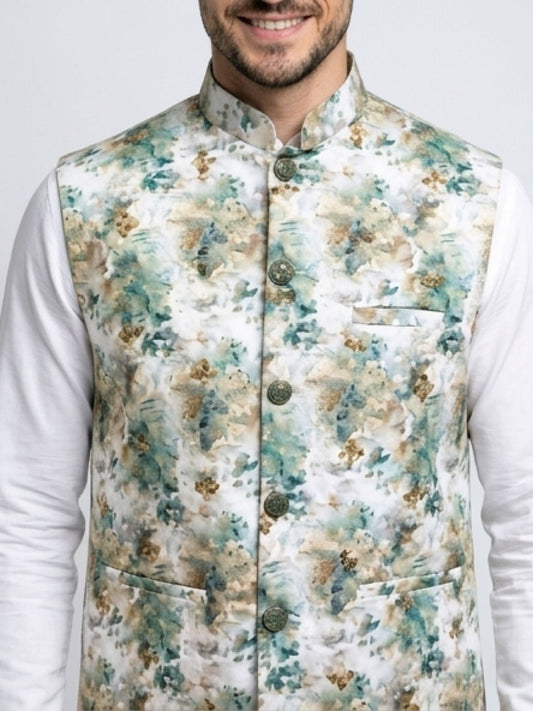 Men's Cotton Koti Jacket - Green Floral
