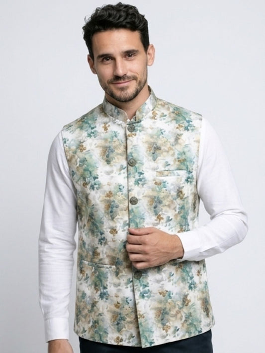 Men's Cotton Koti Jacket - Green Floral