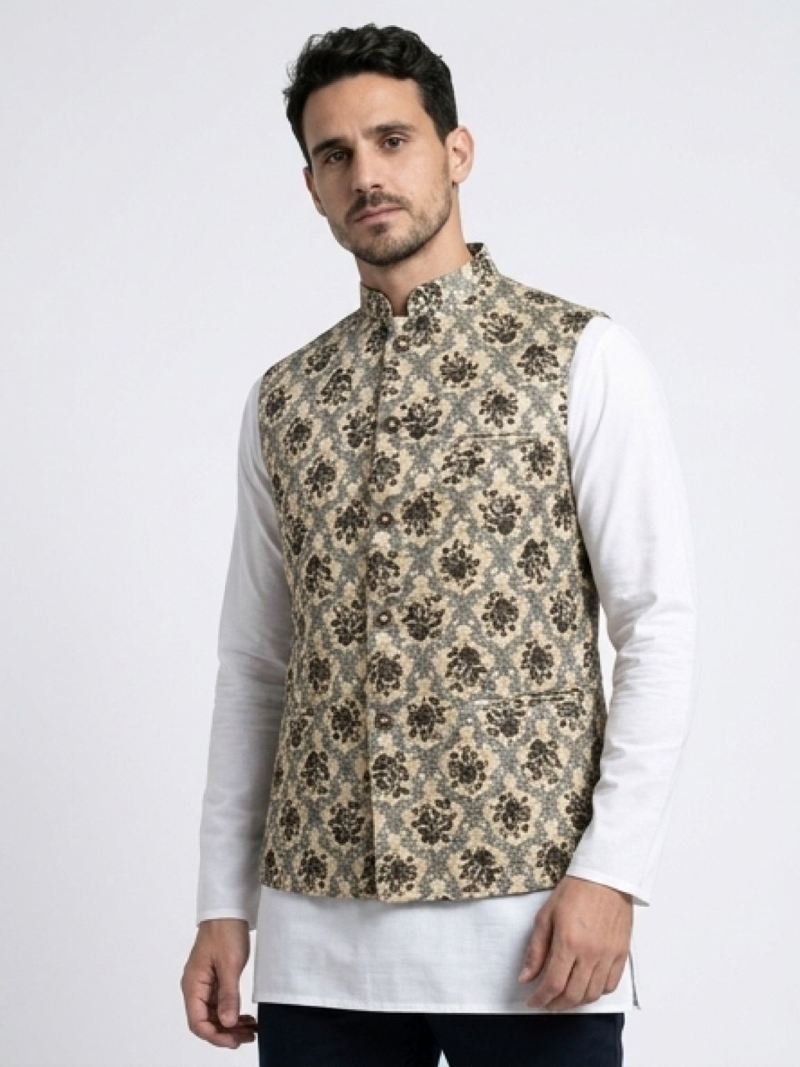 Men's Cotton Koti Jacket - Grey Floral
