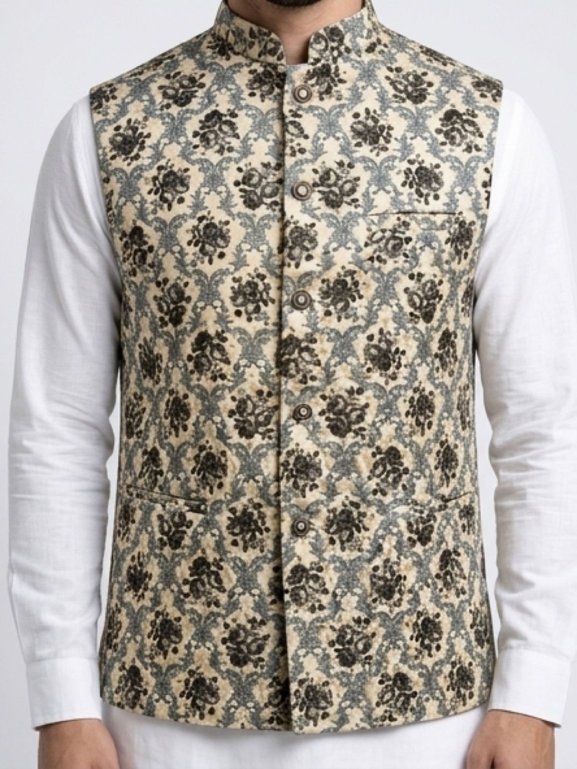 Men's Cotton Koti Jacket - Grey Floral