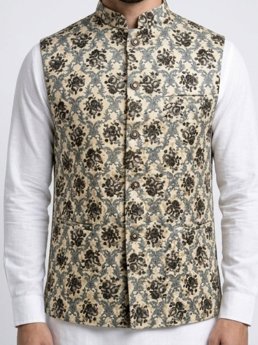 Men's Cotton Koti Jacket - Grey Floral