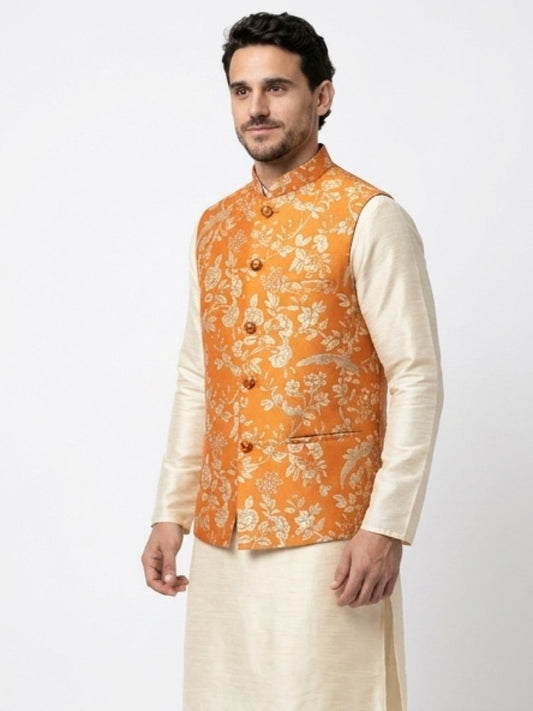 Men's Cotton Koti Jacket - Orange Floral