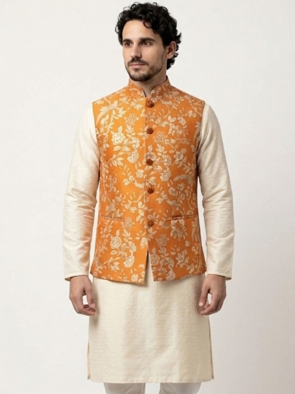 Men's Cotton Koti Jacket - Orange Floral