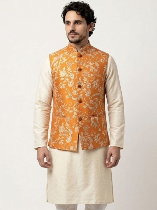 Men's Cotton Koti Jacket - Orange Floral