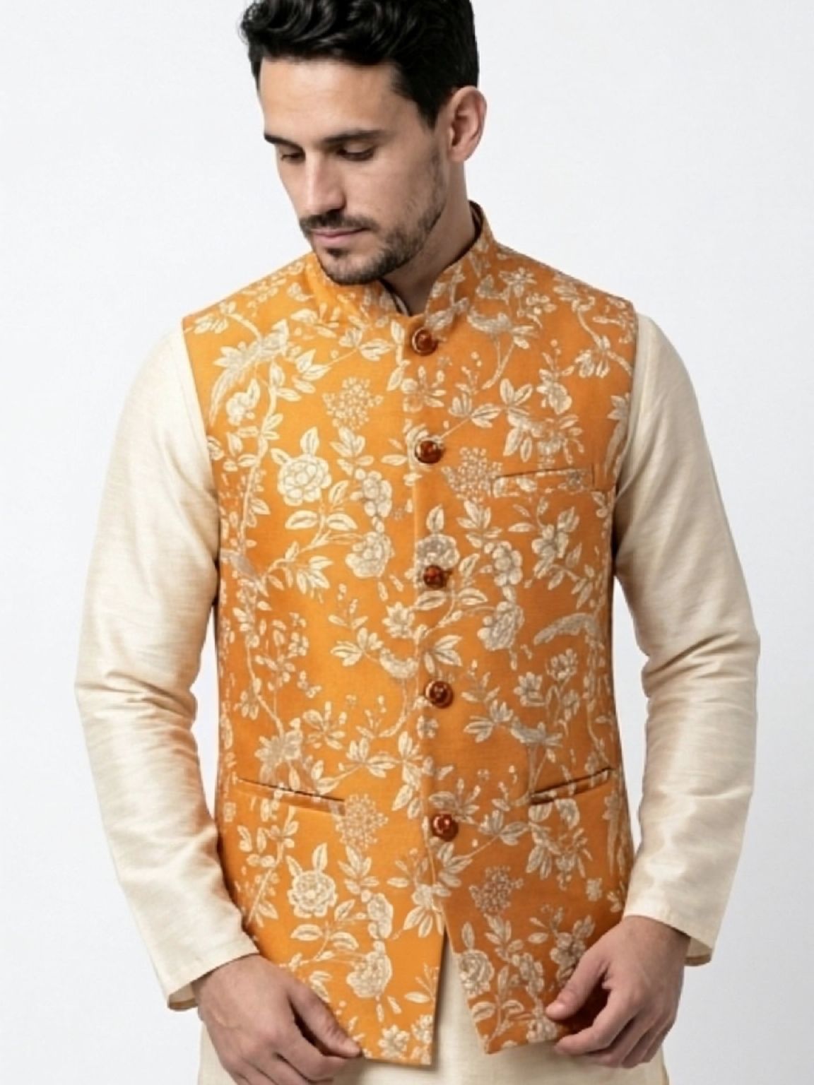 Men's Cotton Koti Jacket - Orange Floral